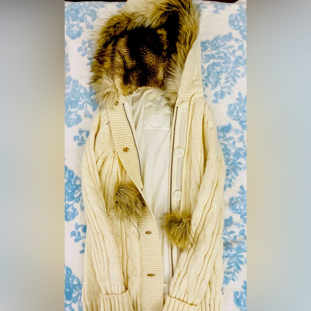 American Eagle Knit Sweater Jacket Faux Fur lined Hood